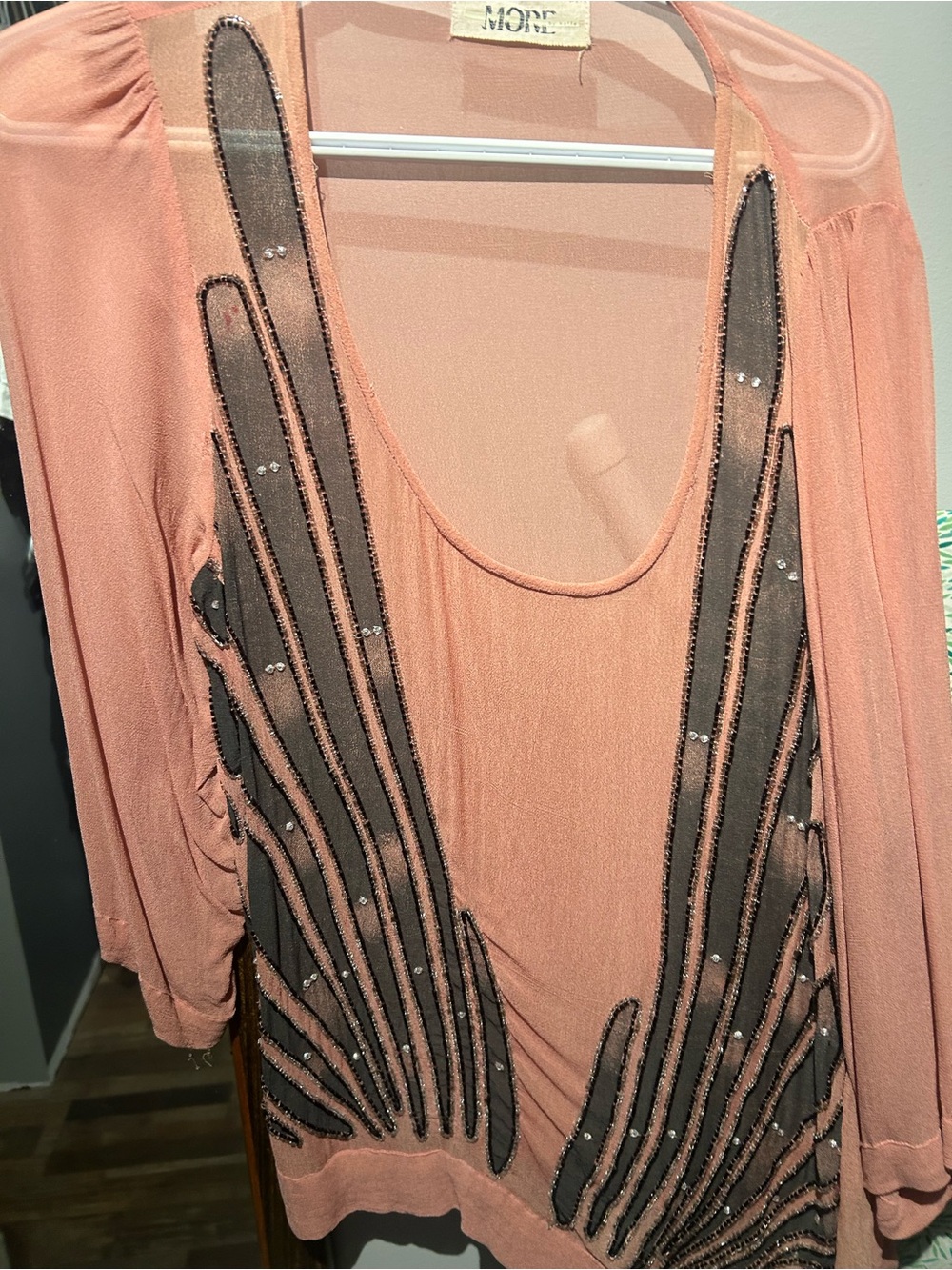 AFF Peach Sheer Tunic with Black Mesh & Beaded Trim
